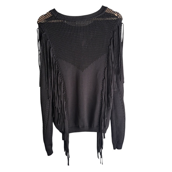 7 For All Mankind Women's Open Weave Fringe Black Sweater Size S - Picture 9 of 11